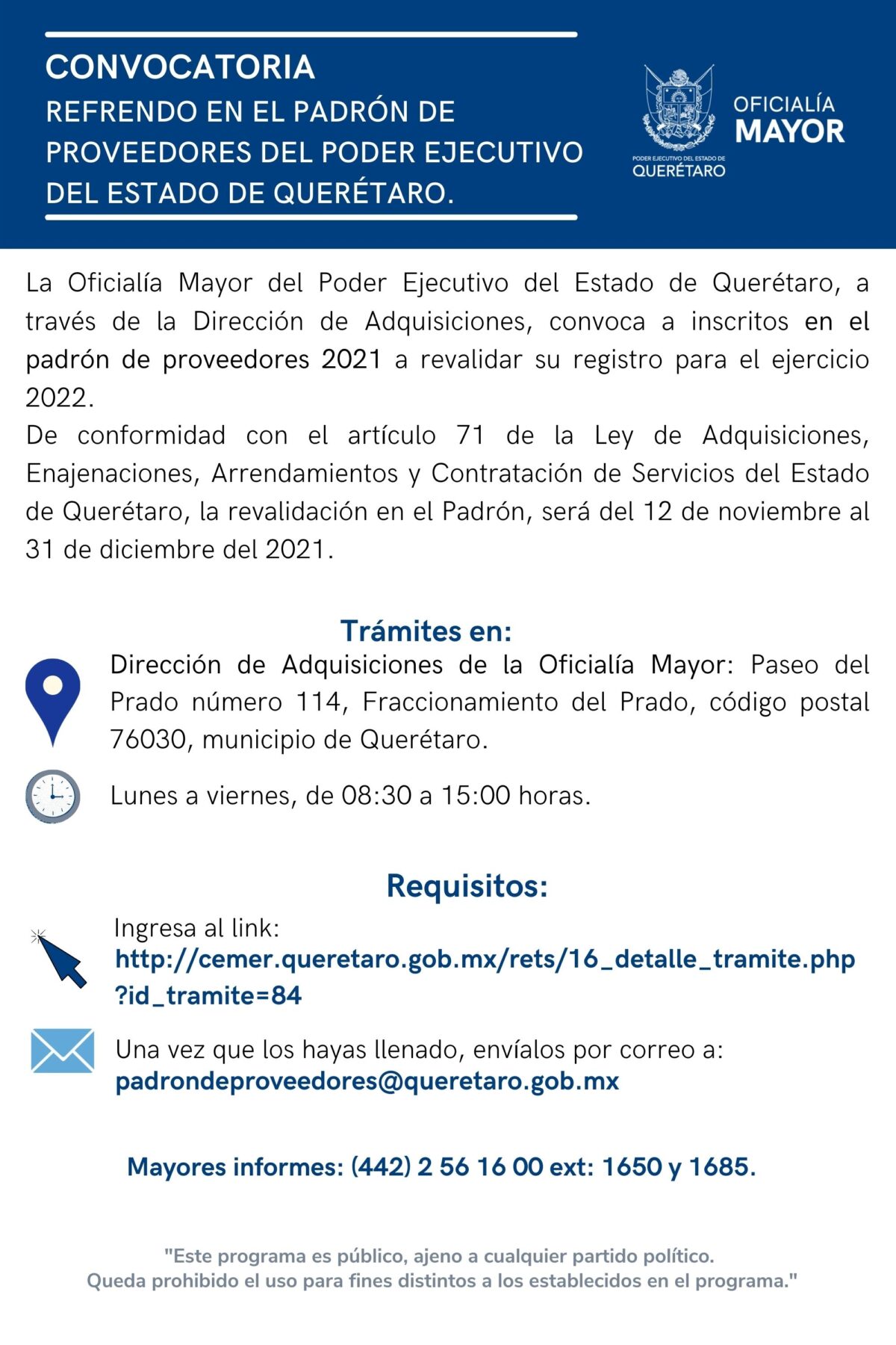 Convoca Oficialía Mayor a proveedores a refrendar su registro ante Gobierno.