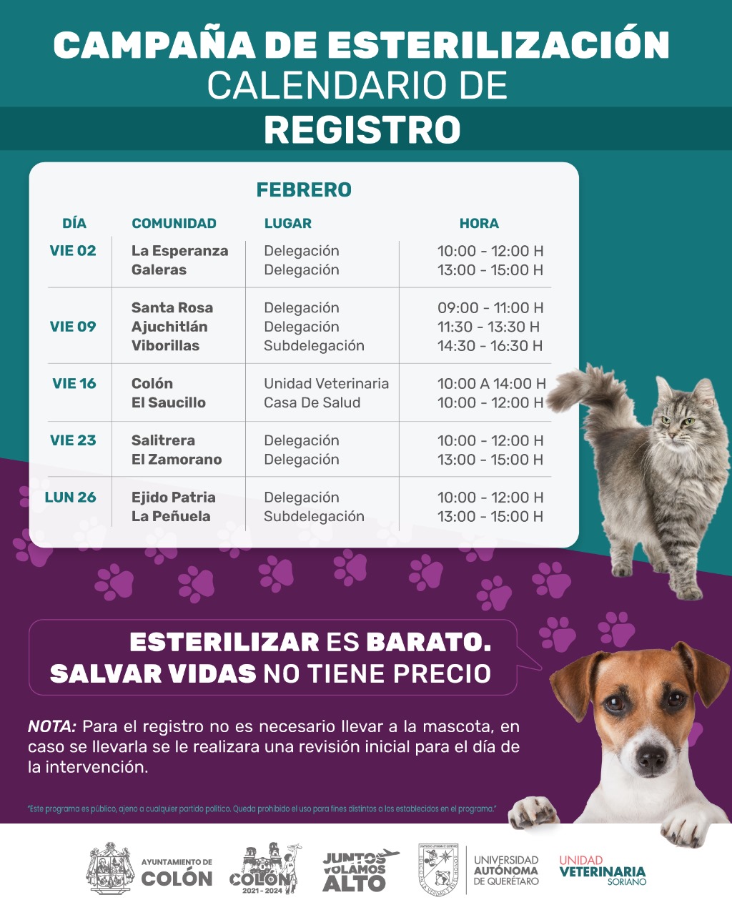 En Febrero Arranca la Campaña de Esterilización en el Municipio de Colón